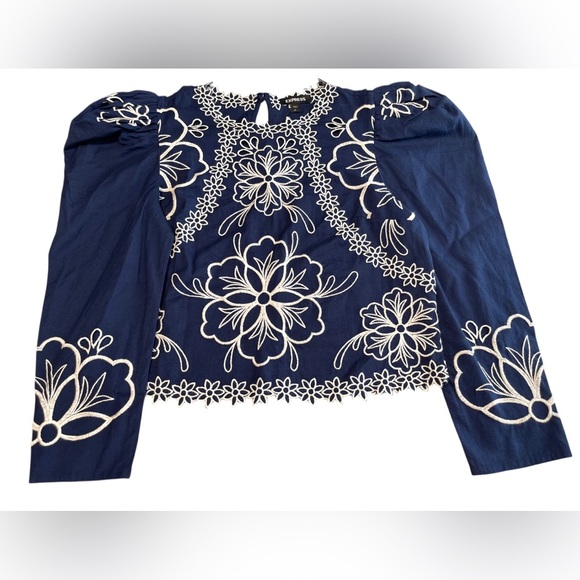 Express Blue Top Puff Sleeve Blouse Bohemian Embroidered Floral Size Small - Picture 13 of 13